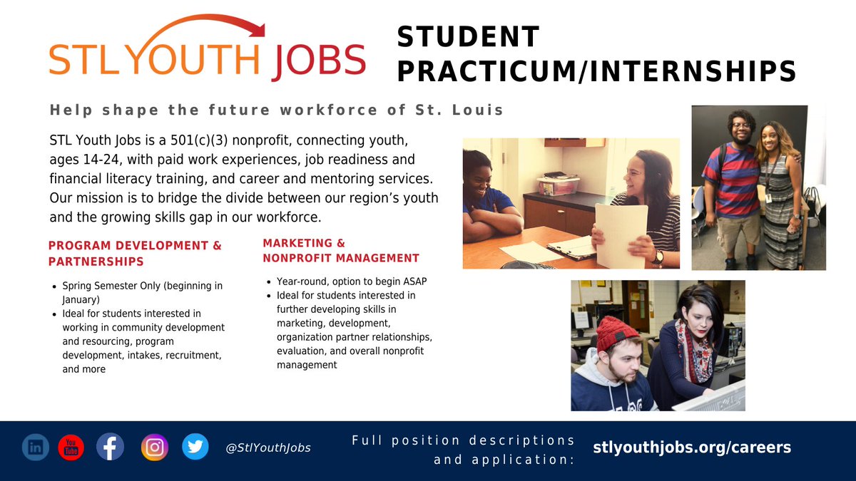 St. Louis Youth Jobs is seeking practicum students! You can find more information about available internships and practicum opportunities at stlyouthjobs.org/careers 

#stlyouthjobs #nonprofit #practicum #internship
