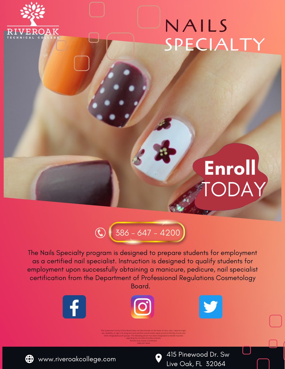 RIVEROAK is currently accepting applications for the Facials Specialty and the Nails Specialty programs!

Applications are due by October 5th.  

Apply today and #GrowYourFutureWithUs!

#GetThereFL 
#CTEWorks  
#Fltechcolleges 
#FloridaTechnicalColleges 
#EarnaCareerinaYearFL