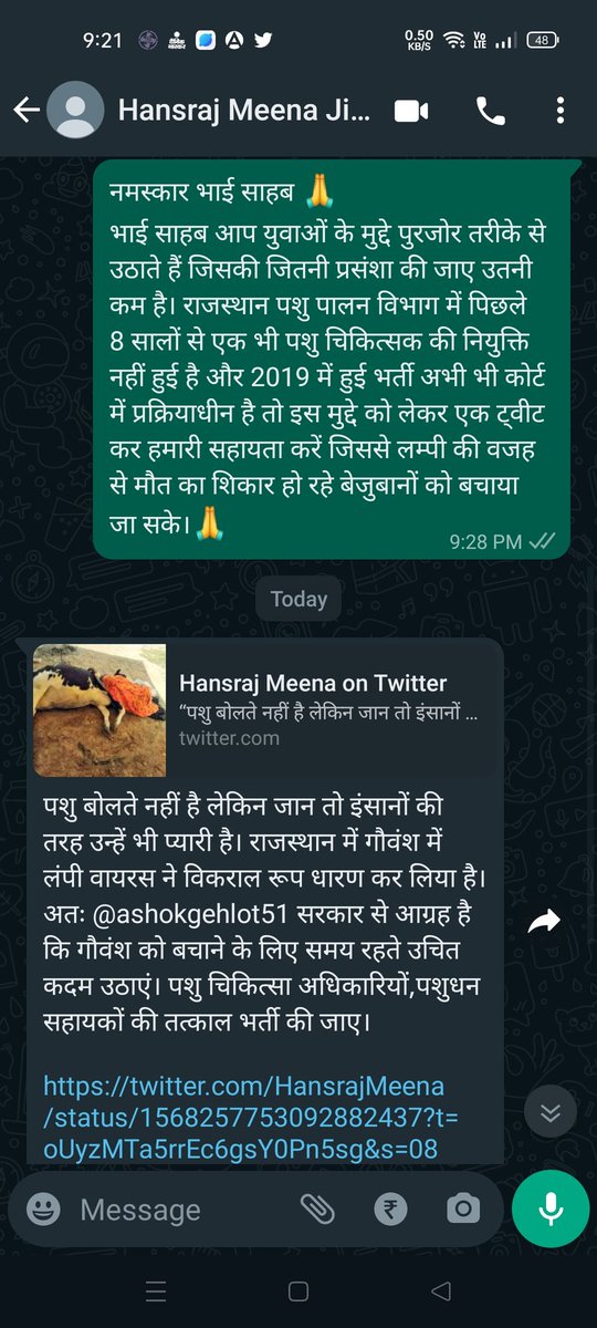 𝑫𝒓. 𝑪.𝑷. 𝑺𝒉𝒆𝒆𝒍𝒂 (@drcpsheela07) on Twitter photo <a href="/HansrajMeena/">Hansraj Meena</a> <a href="/ashokgehlot51/">Ashok Gehlot</a> बहुत बहुत आभार <a href="/HansrajMeena/">Hansraj Meena</a> भाई साहब आपने एक मैसेज पर गौवंश को बचाने के लिए सरकार को आईना दिखाया व बेरोजगार बैठे पशु चिकित्सकों की आवाज बुलंद की।
#पशुचिकित्साअधिकारीभर्ती2019
<a href="/ashokgehlot51/">Ashok Gehlot</a> <a href="/KatariaLalchand/">Lalchand Kataria</a> <a href="/HansrajMeena/">Hansraj Meena</a> <a href="/ashokgehlot51/">Ashok Gehlot</a> बहुत बहुत आभार <a href="/HansrajMeena/">Hansraj Meena</a> भाई साहब आपने एक मैसेज पर गौवंश को बचाने के लिए सरकार को आईना दिखाया व बेरोजगार बैठे पशु चिकित्सकों की आवाज बुलंद की।
#पशुचिकित्साअधिकारीभर्ती2019
<a href="/ashokgehlot51/">Ashok Gehlot</a> <a href="/KatariaLalchand/">Lalchand Kataria</a>