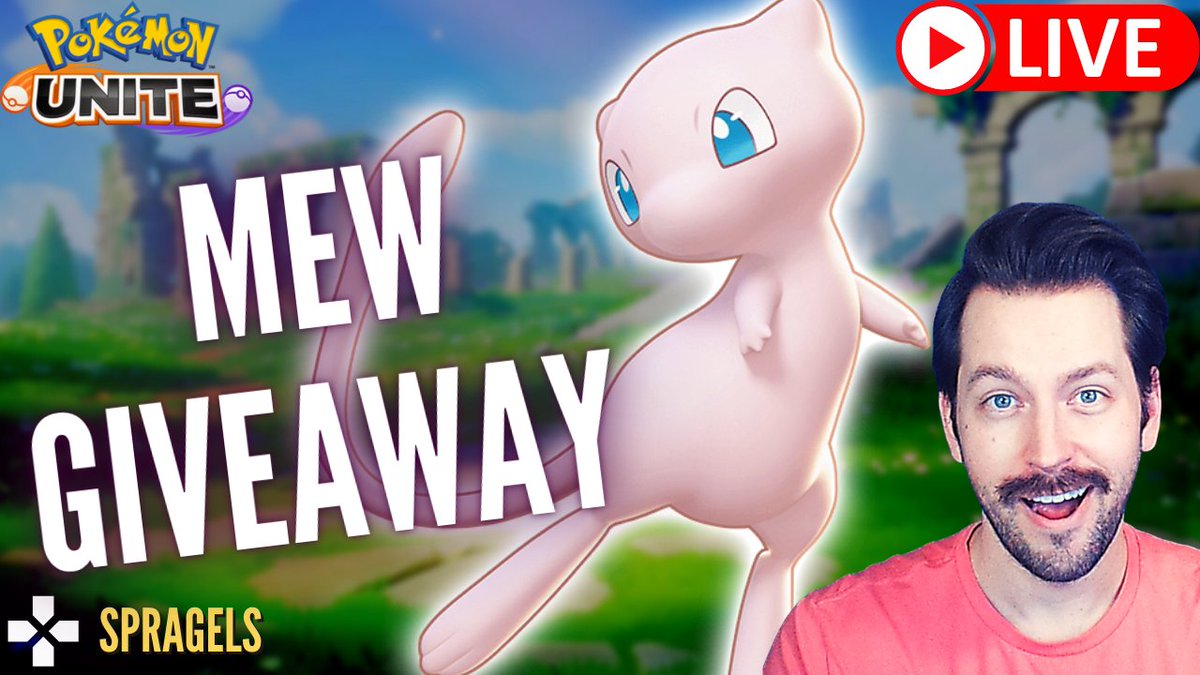 spragels's tweet photo. GIVEAWAY!!!! RT &amp; like this to be entered to win MEW!

PLUS in 5 mins on YouTube I will be giving away some tickets, coins, and more MEW! Hop in for a chance to win!

(will announce winners on twitter dont fall for scams)

Big thanks to @PokemonUnite @pokemon 

Link below 🤠 https://t.co/DsBsH66Y40