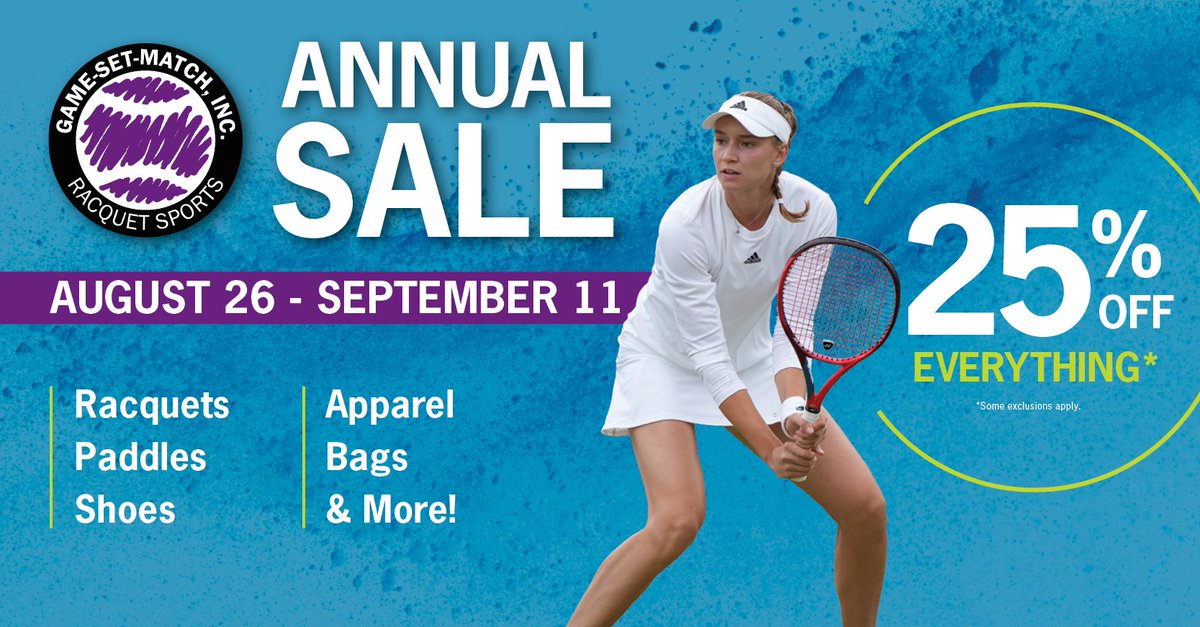 Time’s running out to get the best price of the year on tennis and pickleball gear!
Everything is 25% OFF during Game-Set-Match, Inc.’s Annual Sale. Sale ends 9/11/22. More info:
tennisdenver.net/annual-sale-bo… @gamesetmatchco #tennis #pickleball #colorado #sale
