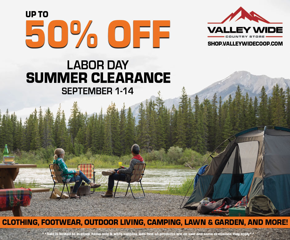 Did someone say 50% off? 👀
Save up to 50% during our Labor Day Summer Clearance! We've got seasonal clothing &amp; footwear, camping gear, outdoor furniture, and more....all at great prices! Shop your local #valleywidecountrystore or online at shop.valleywidecoop.com/promos  #labordaysales