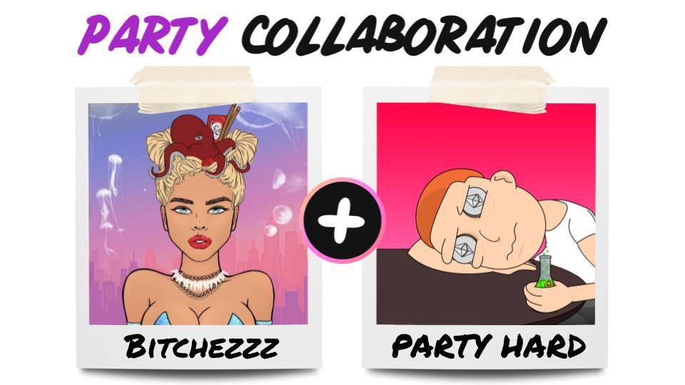 🎉Bitchezzz  X Party Hard🎉
🏆#NFTGiveaway prizes:
3x WL spots from Bitchezzz NFT
3x WL spots from Party Hard NFT

1️⃣ Follow 
@BitchezzzNFT 
<a href="/PartyHardNFT/">PARTY HARD</a>
2️⃣ ❤️&amp; RT
3️⃣ Tag NFT frens

⏰ 24 HR - 6 Winners
Good luck!
#NFT #NFTart #NFTs #DigitalArtist