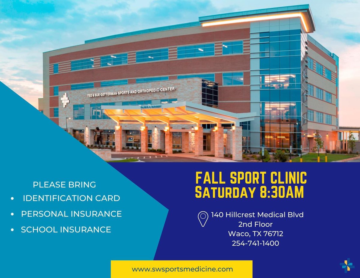 Fall Sports Saturday Clinic TOMORROW! (9/10/2022) Doors open at 8:30AM. This is a walk-in sport clinic only provided on Saturday mornings. Please bring ID, insurance card, and school insurance if available!