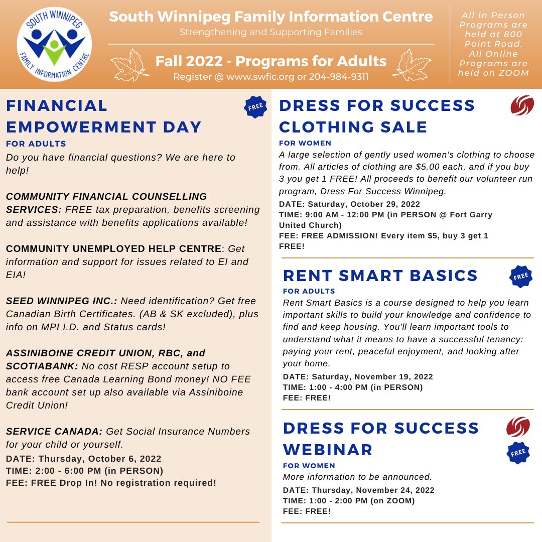 SWFIC1's tweet photo. Our Fall 2022 Programs schedule and registration is out now! To register call 204-984-9311 or visit our website: https://t.co/DRM9sxHOSj

#resourcesforadults #swfic #nonprofit #winnipegnonprofit #winnipegparents #winnipeg https://t.co/r1vi87F6oa