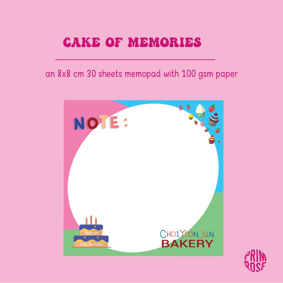 primrosewaltz's tweet photo. PrimroseWaltz present
a yeonjun birthday kit : 
CHOIYEONJUN BAKERY📦🎀🧁
IDR 29.900

available now for limited stock at
https://t.co/06p2CSxkkJ

details:
🎂 Cake of Memories
product : memopad
size : 8 × 8 cm
materials : 100 gsm paper https://t.co/zsj5Cjthbm