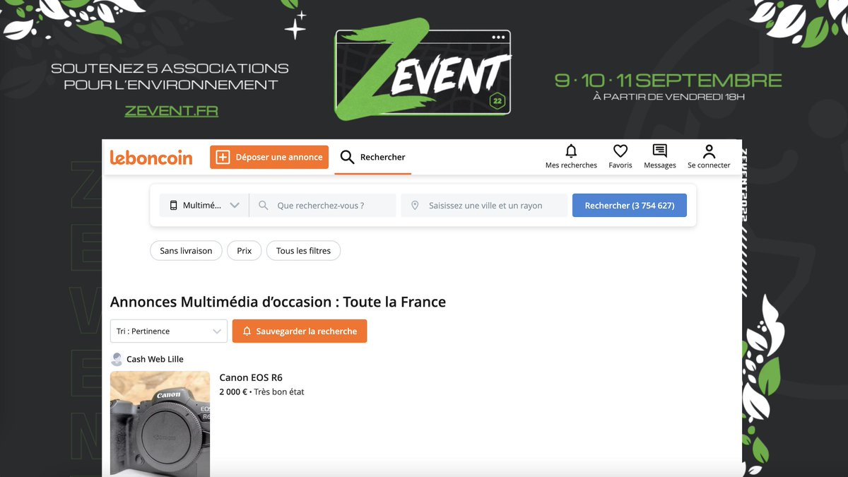 C'est parti pour le #ZEVENT2022 !
Pour soutenir cette édition dédiée à l'environnement, une cause qui nous tient particulièrement à cœur, <a href="/leboncoin/">leboncoin</a> fait don de 8000€ et offre de la visibilité au <a href="/ZEventfr/">ZEVENT</a> ce weekend sur leboncoin.fr 💪