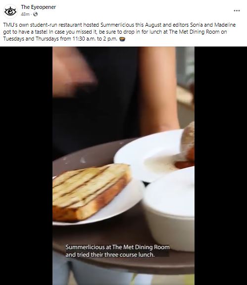 HTMtorontomet's tweet photo. Thank you @theeyeopener for featuring HTM’s  #TheMetDiningRoom @trsmtorontomet and the successful first run of @LiciousTO under Chef Tommy and our #HTMTorontoMet student staff! #experientiallearning #TMUGrit @TorontoMet Watch here: https://t.co/bDzUlKs0NF https://t.co/vfbsRQyYcy
