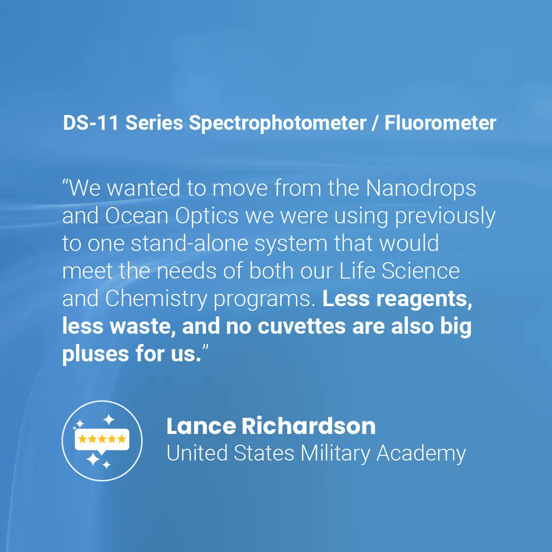 DeNovix's tweet image. Check out this review of the DS-11 Series #Spectrophotometer / #Fluorometer from Lance Richardson of @WestPoint_USMA:

"These instruments have been a huge improvement to the way we had to do things before. Less reagents, less waste, and no cuvettes are also big pluses for us."