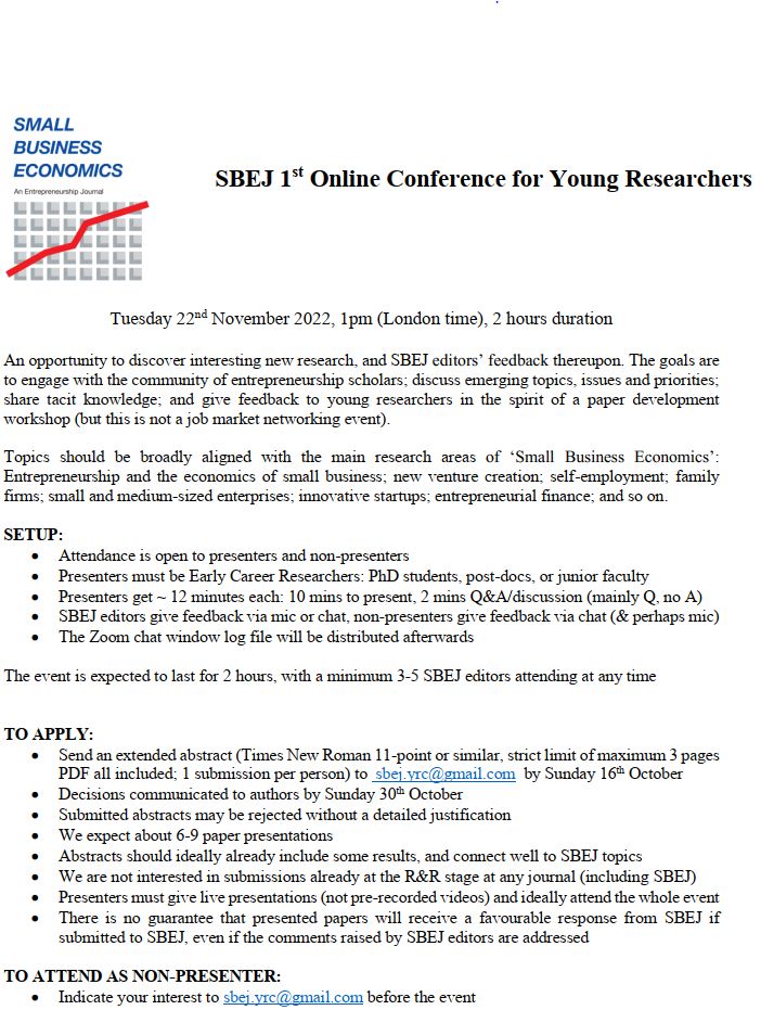 Small Business Economics (@sbejournal) on Twitter photo 📢Don't miss the 1st <a href="/SBEJournal/">Small Business Economics</a> Conference for Young Researchers (online) on Tuesday 22nd November 2022, 1pm-3pm (London time) 🚀
📆3 pages extended abstract deadline: Sunday 16th October 2022 (send your application to sbej.yrc@gmail.com)
👇For more information👇 📢Don't miss the 1st <a href="/SBEJournal/">Small Business Economics</a> Conference for Young Researchers (online) on Tuesday 22nd November 2022, 1pm-3pm (London time) 🚀
📆3 pages extended abstract deadline: Sunday 16th October 2022 (send your application to sbej.yrc@gmail.com)
👇For more information👇