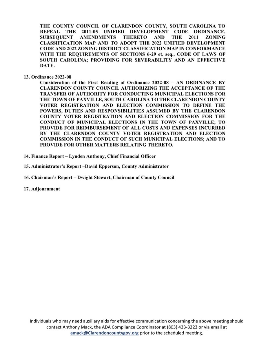 Clarendon County Council Meeting will be held Monday, September 12, 2022  | 6:00 PM📍Clarendon Council Chambers, 411 Sunset Drive | Manning, South Carolina 29102