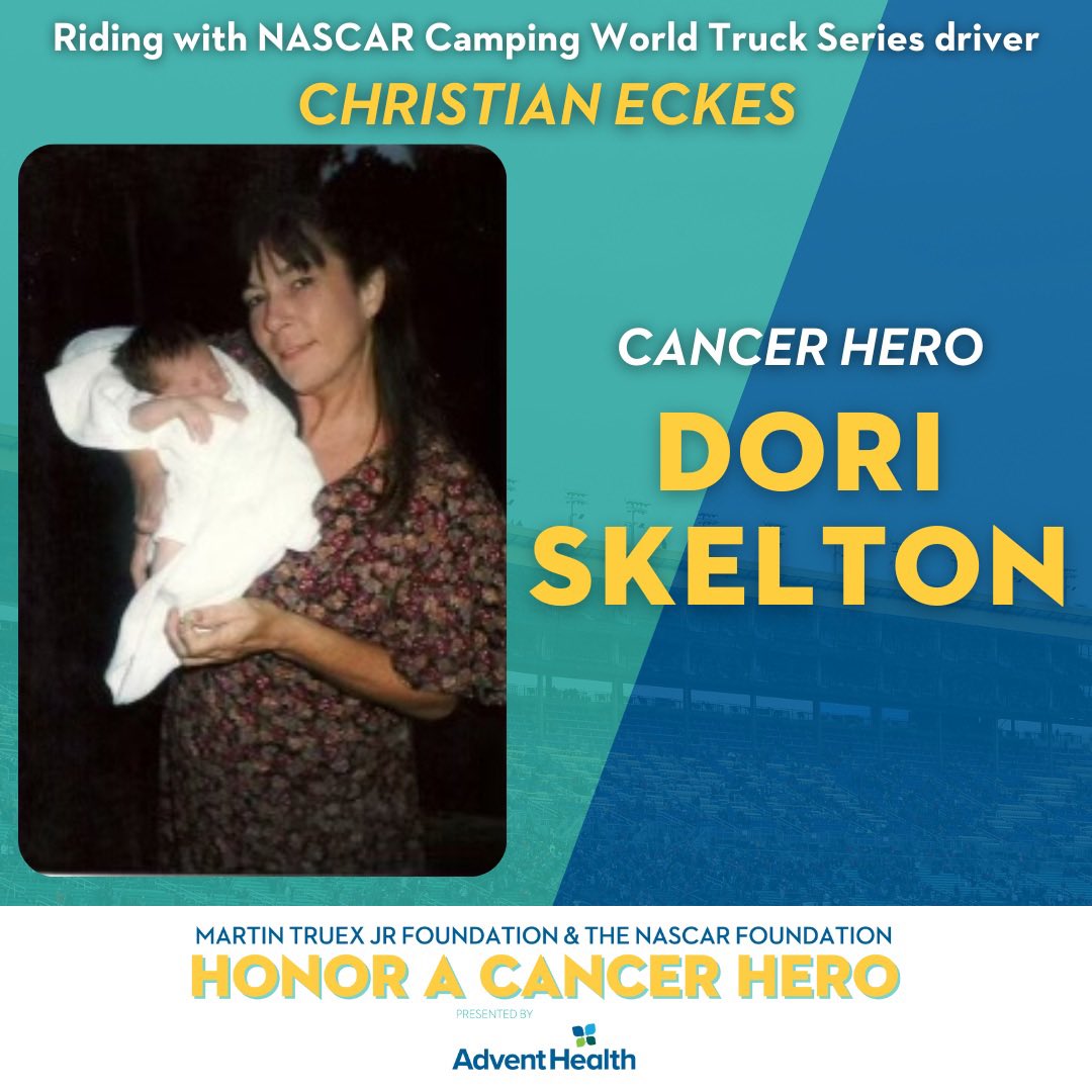 Riding with <a href="/christianeckes/">Christian Eckes</a> this weekend is cancer hero Dori Skelton.

Dori was a single mother of 6, and fought until her last breath to ensure the wellbeing and happiness of her family.

<a href="/NASCAR_FDN/">The NASCAR Foundation</a> | <a href="/AdventHealth/">AdventHealth</a>
#HeroesRideAlong #NASCAR #NASCARPlayoffs