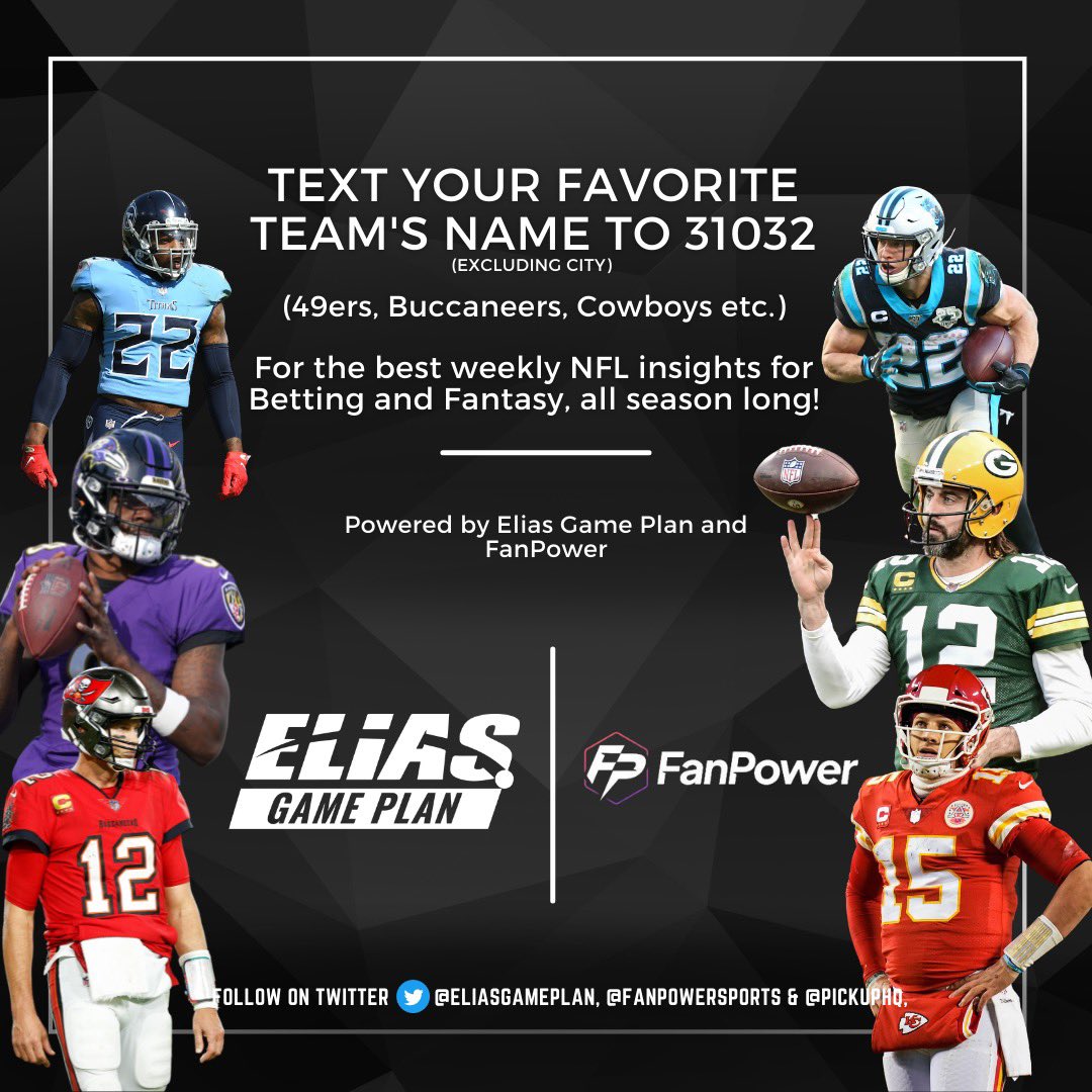 <a href="/statmuse/">StatMuse</a> We've partnered with <a href="/EliasGamePlan/">Elias Game Plan</a> to bring you the best weekly NFL insights in betting &amp; fantasy 🏈

👉  Text your favorite team's official name (49ers, Bills, etc.) to 31032 for in-depth analysis sent straight to your phone each week! Fueled by <a href="/FanPowerSports/">FanPower</a>