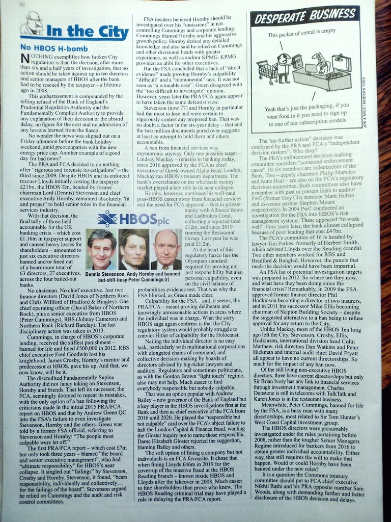 The failure of the FCA and PRA to take any action against the executives who led HBOS to collapse – including James Crosby, Andy Hornby and Lord [Dennis] Stevenson – even though their negligence and coverups cost taxpayers an initial £21bn is . a . disgrace. 

via <a href="/PrivateEyeNews/">Private Eye Magazine</a>