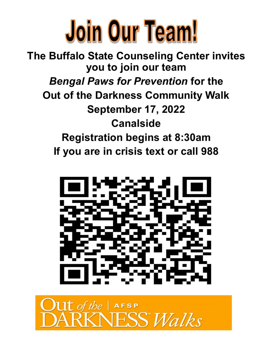 LifeatBuffState's tweet photo. The Counseling Center invites you to join their Bengal Paws for Prevention team and walk with them for suicide prevention. Use the QR code to join our team! https://t.co/8V5M2uZ2Sc