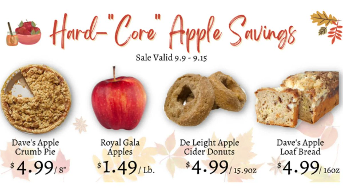 DavesMarketRI's tweet photo. Hard-"core" apple savings start TODAY thru Thursday! From apples to apple cider glazed donuts & pie, you just can't fight the fall "peeling" any longer! π
.
#HardCoreAppleSavings #Apples #ScratchBakery #PieSeason #FallFlavors https://t.co/qJMDPxYQwr