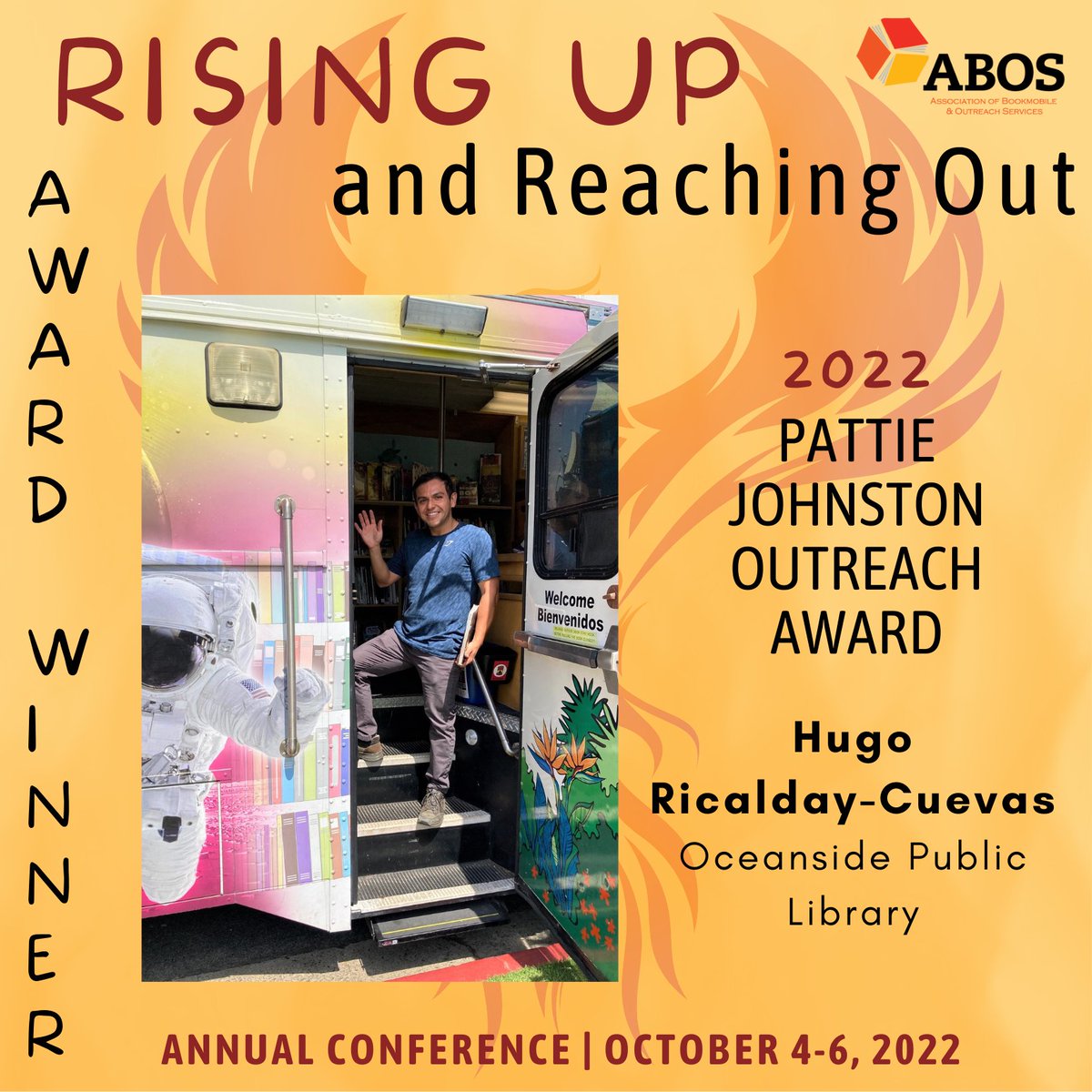 ABOS_Outreach's tweet photo. Hugo Ricalday Cuevas, Professional Assistant at the Oceanside Public Library in Oceanside, CA, is the recipient of the 2022 ABOS Pattie Johnston Outreach Award.
β
Read more about Hugo and the other award winners at https://t.co/81sot7cjLm
β
#ABOSoutreach #RisingUpAndReachingOut https://t.co/MMe8mzhKQ7