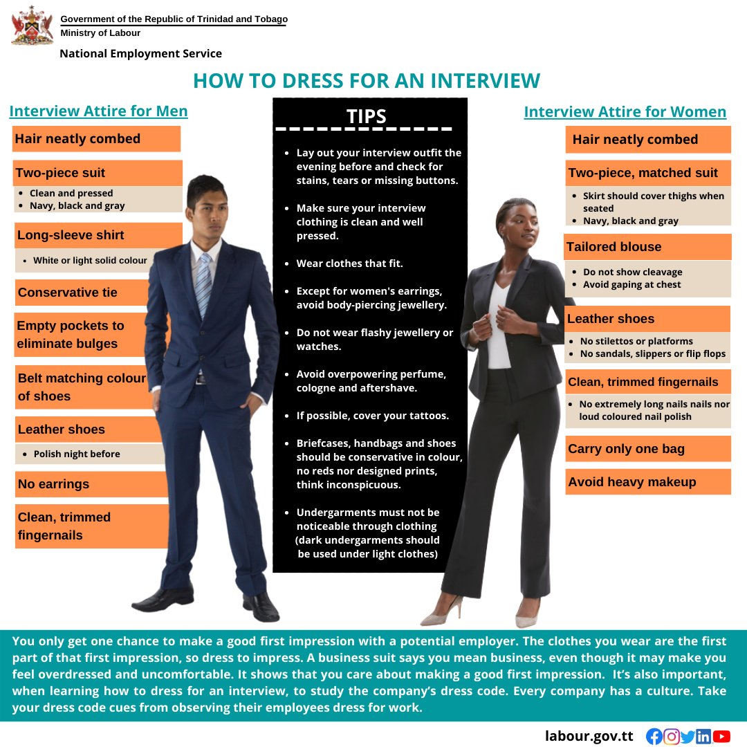 LabourGovTT's tweet photo. First impressions count when meeting a potential employer so you should be ready for your job interview!
Ace your interview with these question and answer tips courtesy the National Employment Service: https://t.co/nfUarZPoNl
#manpowermonday https://t.co/a3bo2uzoeO