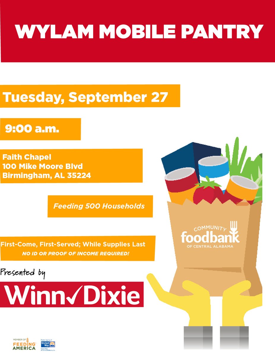 feedingAL's tweet photo. We’re thrilled to be hosting a mobile pantry distribution in Wylam, Alabama at @faithchapelbham on September 27! We are so grateful to our friends at @WinnDixie for partnering with us to make this event possible!
#FeedingAL #Segrocers https://t.co/bRRq4PRL7w