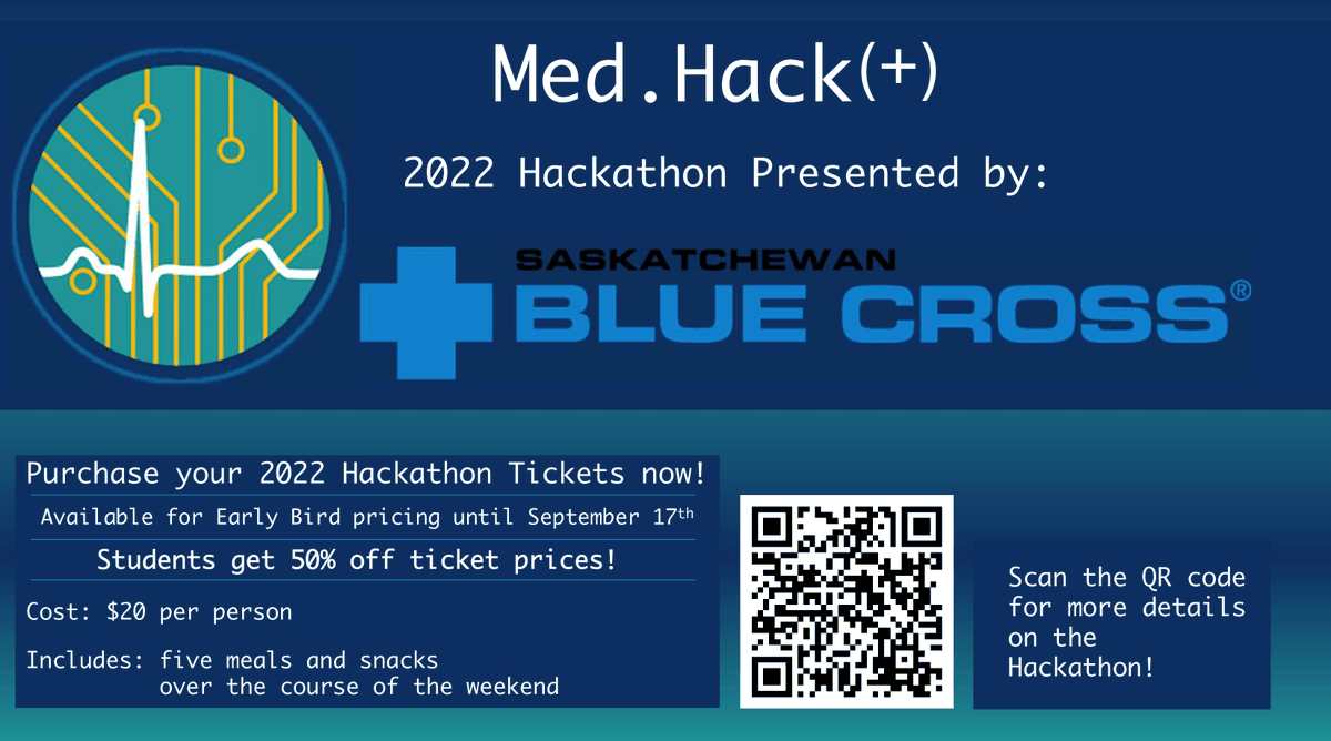 Med.Hack(+): Presented by Saskatchewan Blue Cross is happening soon! 
Hurry up and get your early bird tickets as they will end next week (Sept. 17)! 
Remember, students get 50% off ticket prices.

eventbrite.ca/e/medhack-2022…

Thank you again <a href="/SKBlueCross/">Saskatchewan Blue Cross</a> !