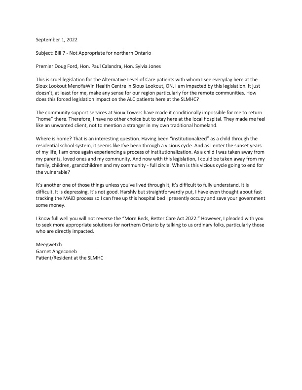 ekelson_kelson's tweet photo. Anishinaabe Leader Garnet Angeconeb's powerful letter re: Bill 7. Punishing, inhumane to people in Northern, Indigenous &amp; remote communities in ON. Shared w Garnet's permission. I hope Hon. members will read and reconsider this ill-conceived legislation. https://t.co/ElRO9gf7OH