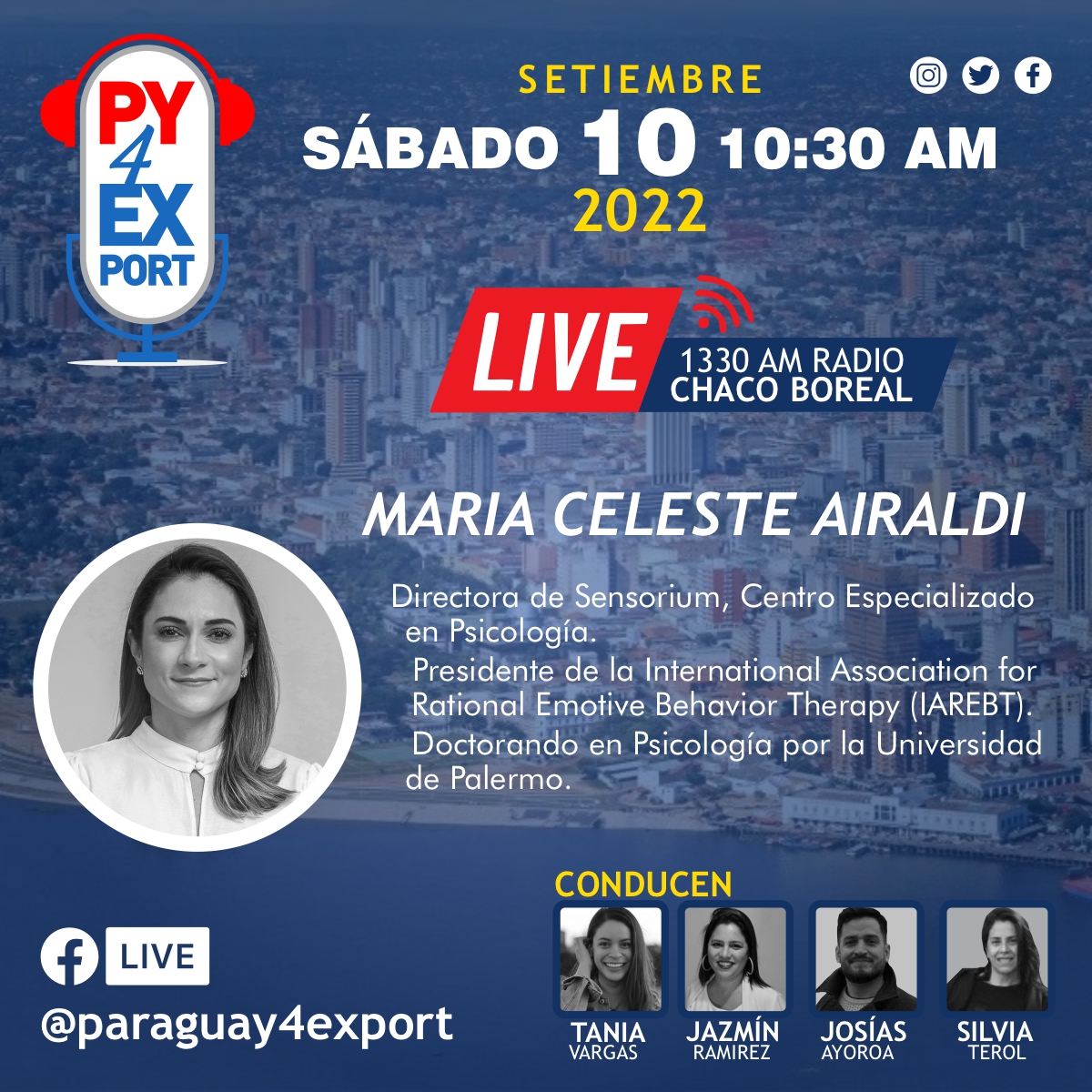 paraguay4export's tweet photo. ¡Mañana sábado 10 de Setiembre, tendremos como invitada a una paraguaya de exportación! 😎👍 Nos visita Maria Celeste Airaldi. 🤩🙌 
 
Acompañanos desde las 10:30 horas por Facebook Live https://t.co/zsc4ZCCx4G y @1330am
 
#Paraguay4Export https://t.co/SzFl9RCxKF