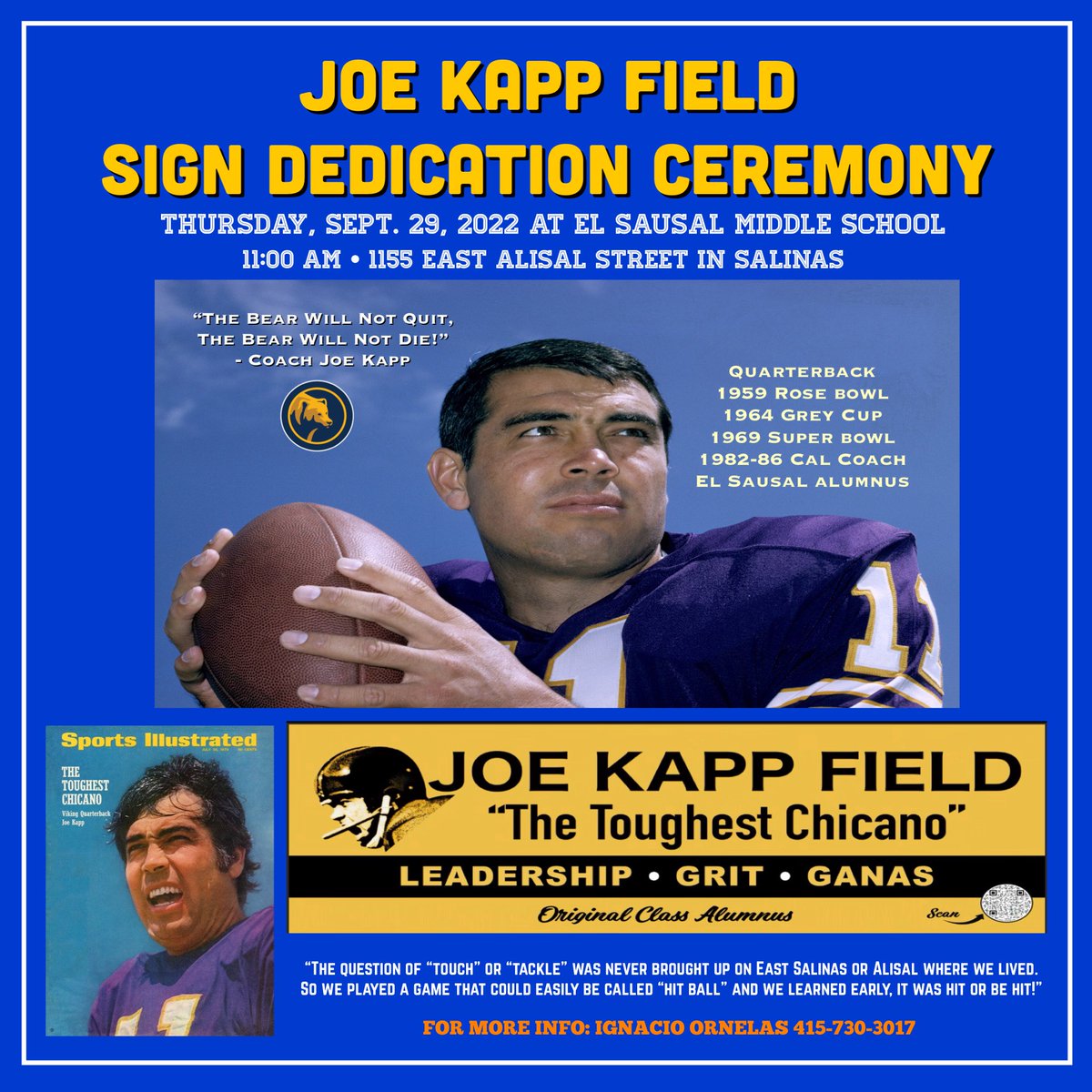 bracerolegacy's tweet photo. Joe Kapp Field 
Sign Dedication Ceremony
Join us to celebrate and honor Joe Kapp
“The Toughest Chicano” https://t.co/ztsLcZfWUY