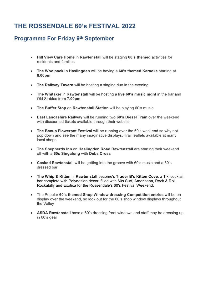 60sFest's tweet photo. As a result of the sad passing of Her Majesty Queen Elizabeth II, the programme for the Rossendale 60’s Festival 2022 has been adjusted to reflect events that are no longer happening. Please see attached https://t.co/HXJ70E81xc