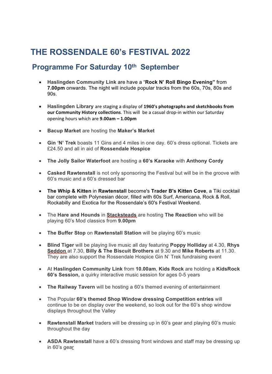 60sFest's tweet photo. As a result of the sad passing of Her Majesty Queen Elizabeth II, the programme for the Rossendale 60’s Festival 2022 has been adjusted to reflect events that are no longer happening. Please see attached https://t.co/HXJ70E81xc