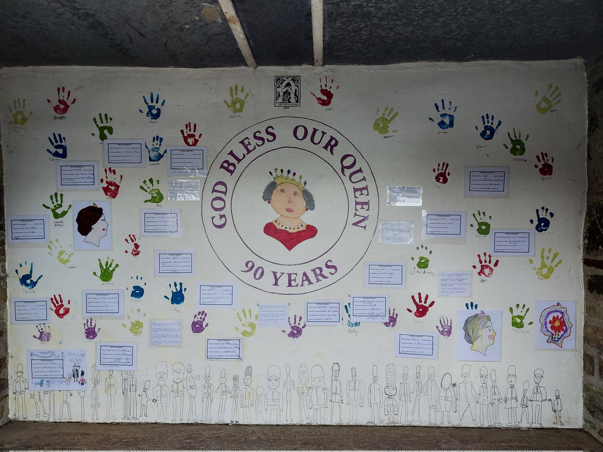 Dolton Primary School have placed their reflections of the Queen in the bus shelter the school previously decorated for her Golden Jubile. Rest in peace your majesty and as a child said today 'now you are up with your husband who you loved very much' #RestInPeaceYourMajesty