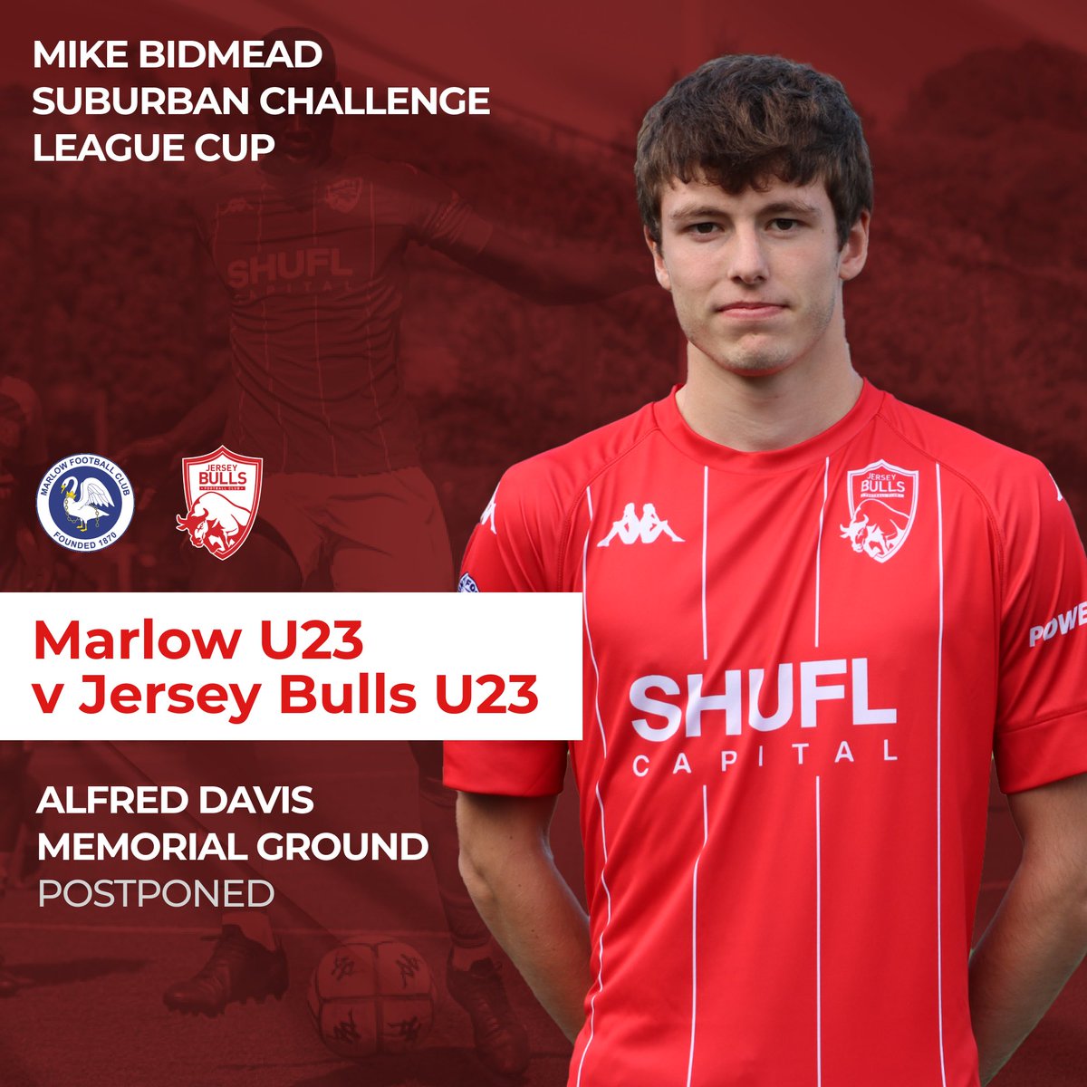 JerseyBullsFC's tweet photo. Unfortunately Tuesday's cup match against @MarlowFC U23 has been postponed as the @FA have re-arranged Marlow’s first team FA Trophy game to the same time.

As soon as we have agreed on a re-arranged date, we will announce it. https://t.co/3a0CCCNo8E