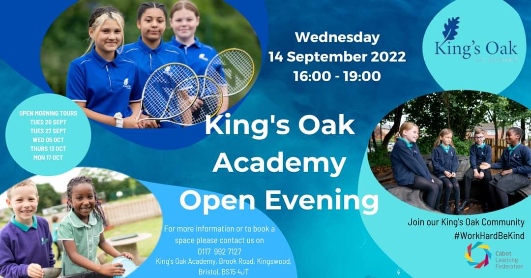 Our open evening for Reception and Year 7 September 2023 starters is Wednesday 14 September 2022 - 16:00 till 19:00. We also have a number of open morning tours available. For more info please contact us on 0117 992 7127 /koa.office@clf.uk <a href="/Cabotfederation/">Cabot Federation</a>