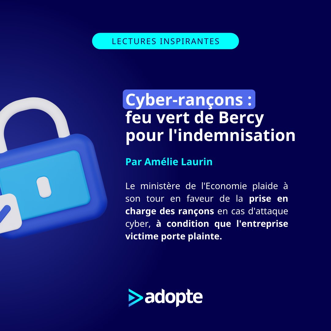 👾 6400€
C’est le montant moyen de la cyber-rançon réclamée en France en 2021.

Un chiffre en hausse de 50% par an depuis 2016.
Et un danger pour les #PME, majoritairement visées par les cybercriminels.

+ d'infos 👉 adopte.co/lectures-inspi… 

#cybersécurité #cyberattaque