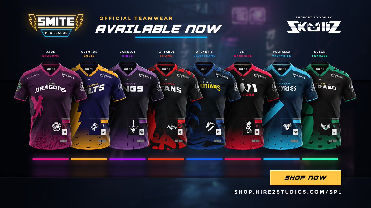 Smite2Esports's tweet image. MERCH IS BACK, BABY! 👕

The official SPL merch store is LIVE, brought to you by @SkullzGear. 

We&apos;re fully stocked with fresh jersey designs and more! 

⚡ SHOP NOW: shop.hirezstudios.com/spl