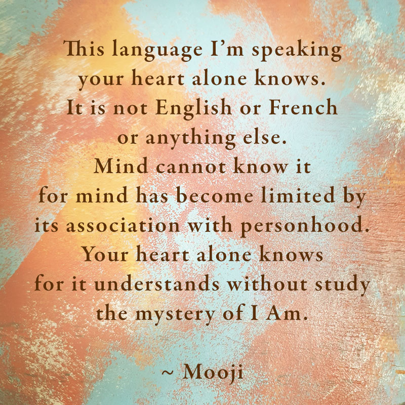 This language I’m speaking
your heart alone knows.
It is not English or French 
or anything else.
Mind cannot know it
for mind has become limited
by its association with personhood.
Your heart alone knows
for it understands without study
the mystery of I Am.

~ Mooji