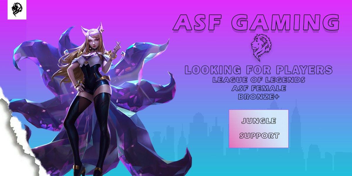 ASF ESPORTS are looking for new players for the new Up Coming Female #league Team!! 🥳

🏆Bronze + 
✅Jungle &amp; Support 
📶Flexible Schedule
🔥 preferably competitive background (If not, still contact us) 

😁If you are interested, please feel free to Dm us asf.gaming23@gmail.com.