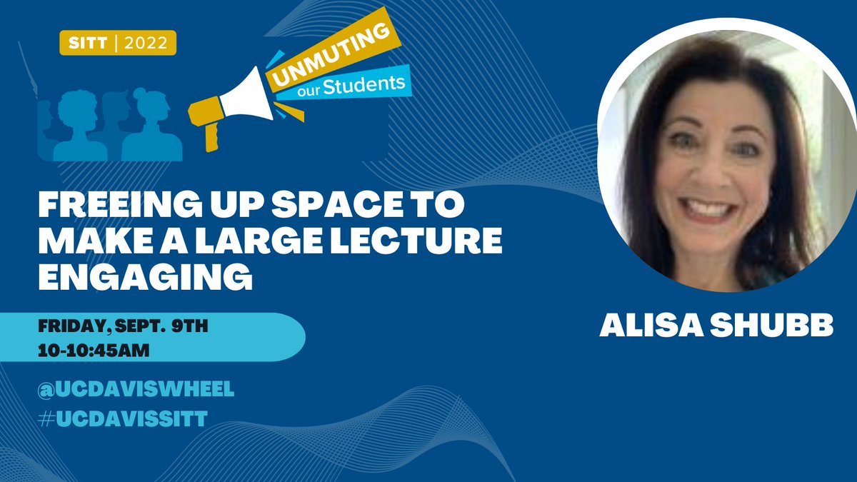 ucdaviswheel's tweet photo. Coming up at 10am: "Freeing Up Space to Make a Large Lecture Engaging" with Alisa Shubb. Learn how to increase student engagement in large lecture classes. Strategies include: creating an interactive lecturing style using only a microphone! https://t.co/UiQFmEPQxM #UCDavisSITT https://t.co/LU7Tz1mp45