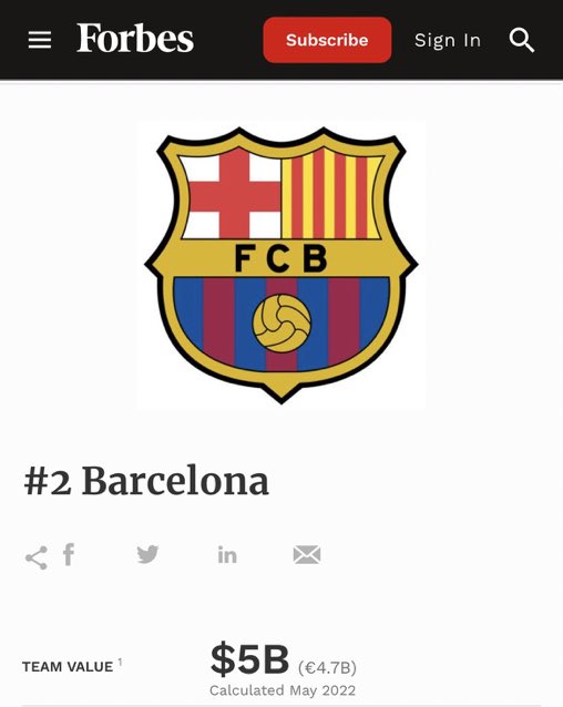 ActualiteBarca's tweet photo. Selon Forbes, le Barça est le second club ayant le plus de valeur au monde avec 5M$, juste derrière le Real Madrid et ses 5.1M$. https://t.co/BPpNTCzhRy