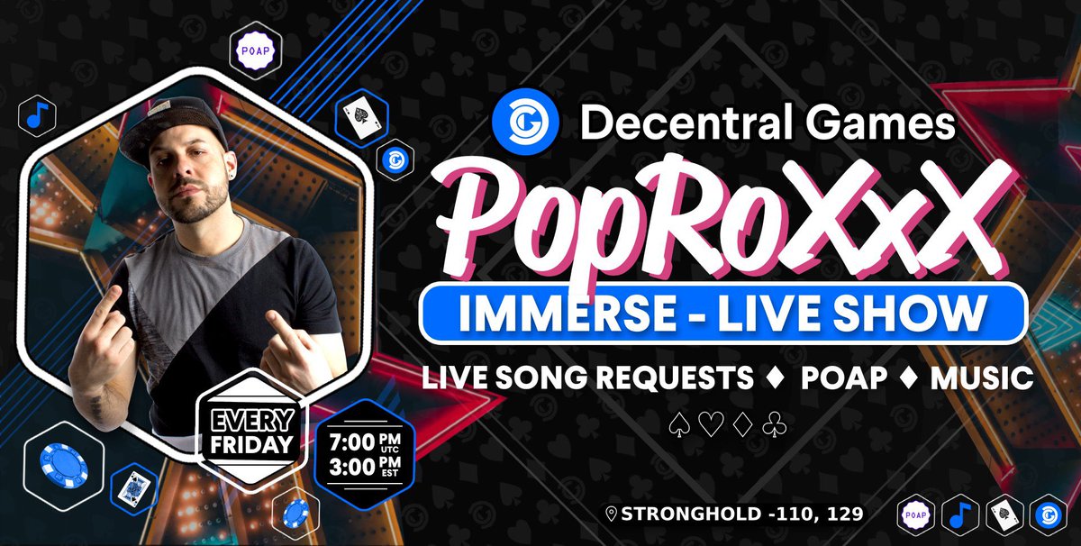 Today we’re live in @Decentraland with the <a href="/DecentralGames/">Decentral Games</a> family at 3:00pm EST/7:00pm UTC! Make sure to check out the new Decentraland PC/Mac desktop app for easy use. 

Event link: events.decentraland.org/event/?id=bbfb…

You can also join the show on my Twitch Channel: twitch.tv/djpoproxxx