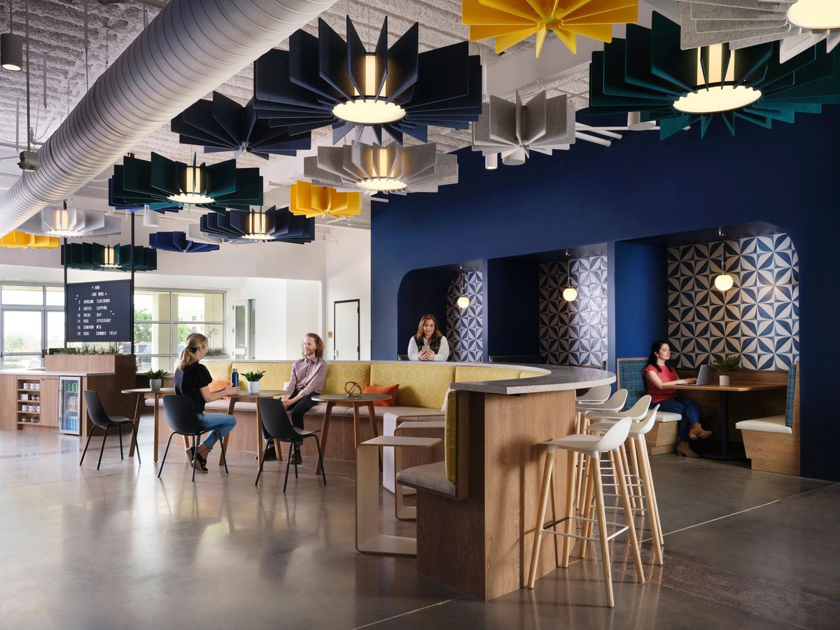 Cushing_Terrell's tweet photo. The #tenantimprovement project for @AppFolio in #Dallas is filled w/ nods to the region, from light fixtures and acoustic baffles that reflect the colors of Texas wildflowers to copper ceiling tiles decorated w/ longhorns and Brynner Aldrich graffiti art. https://t.co/pw8NGpDc59 https://t.co/yFp51qITYp