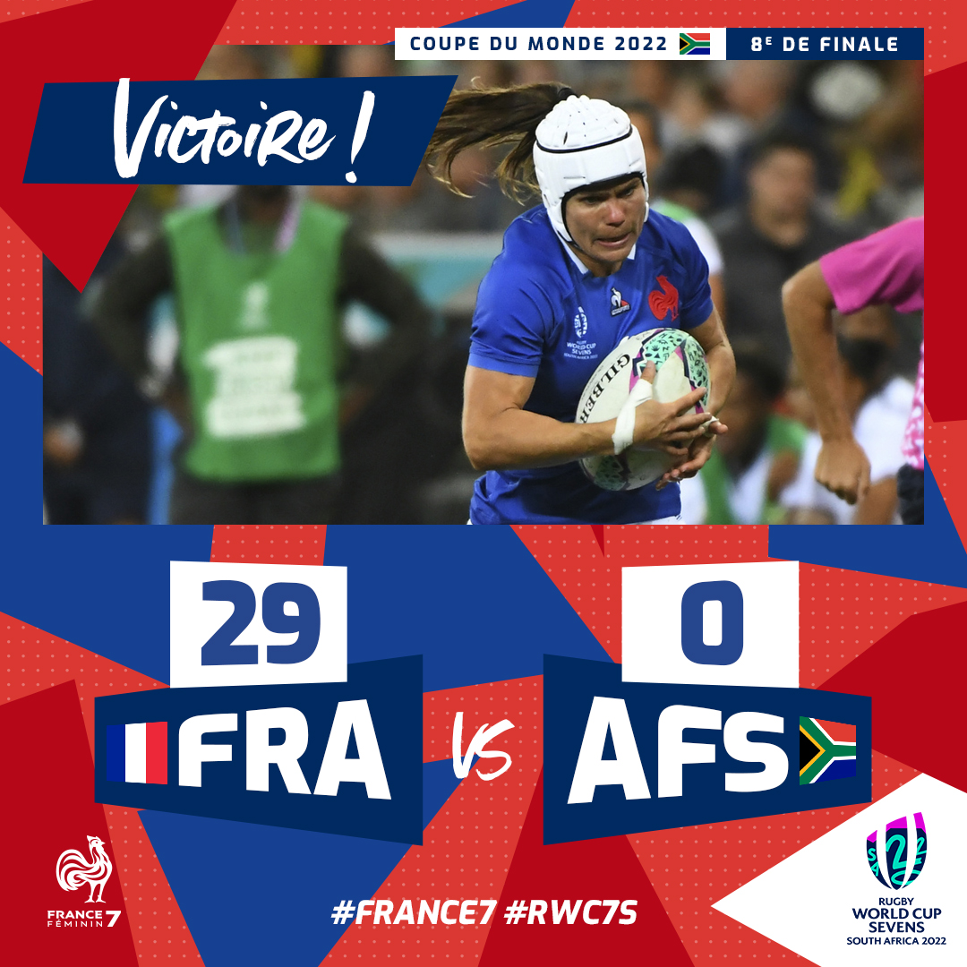 🇫🇷🇿🇦 𝐂'𝐄𝐒𝐓 𝐅𝐀𝐈𝐓 ! Les Bleues s'imposent sans trembler face à l'Afrique du Sud et sont en 1/4 de finale de la Coupe du Monde ! 🔥

#FRAAFS #France7 #RWC7s