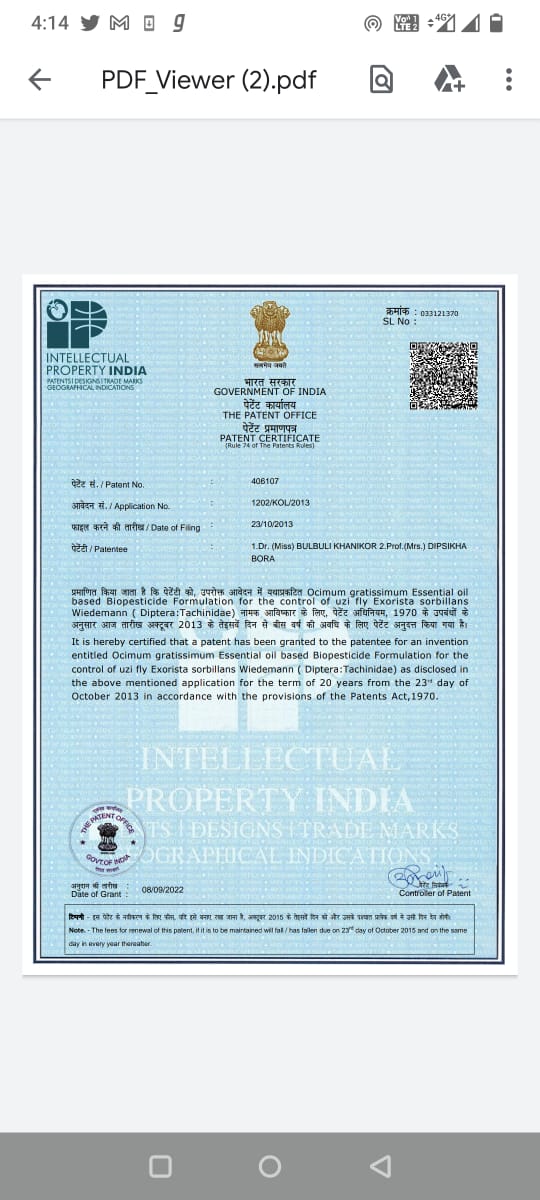 DibruUniv's tweet photo. Proud moment!

Prof.Dipsikha Bora,Dept.Of Life Sciences,@DibruUniv &amp; Dr.Bulbuli Khanikor,@GauhatiUni have been awarded a #patent for inventing Ocimum gratisimmum Essential Oil based Biopesticide formulation for the control of Uzi fly Exorista Sorbillans Wiedemann.

#WomenInSTEM https://t.co/6yQucSkT1e