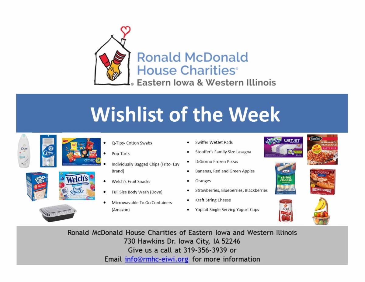 Check out our Wishlist of the week! 

Want to help?! Directly ship the items from any online retail store to:
730 Hawkins Drive
Iowa City, IA 52246
OR drop it off in-person at the address above!
