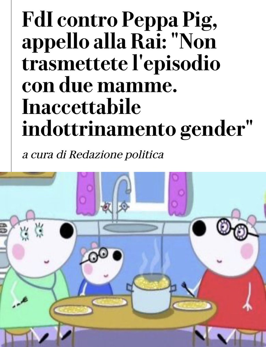 lauraboldrini's tweet image. La destra omofoba se la prende pure con #PeppaPig.

Per #Meloni è inaccettabile che in una puntata l’amico della protagonista abbia 2 mamme. Inaccettabile è invece la censura e voler decidere cosa possa trasmettere la Rai!

Il #25settembre no all’oscurantismo, sì al progresso.