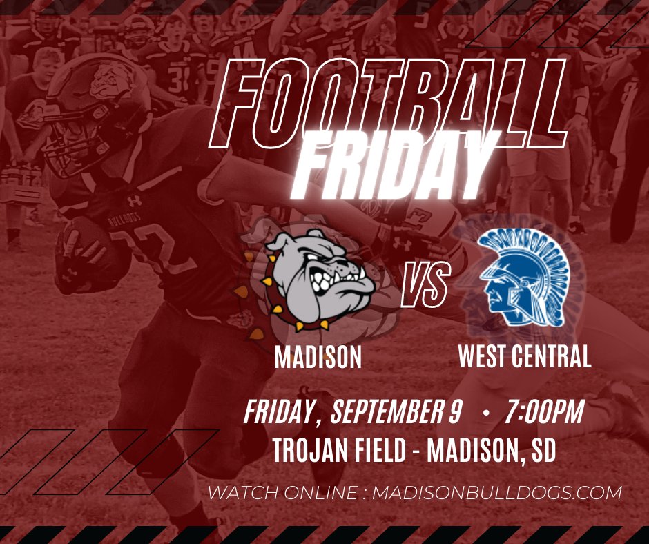 Bulldogs football at home against the West Central Trojans tonight!
🏈 : Kickoff at 7pm!
💻 : Watch Online: madisonbulldogs.com
GO BULLDOGS! 🐾