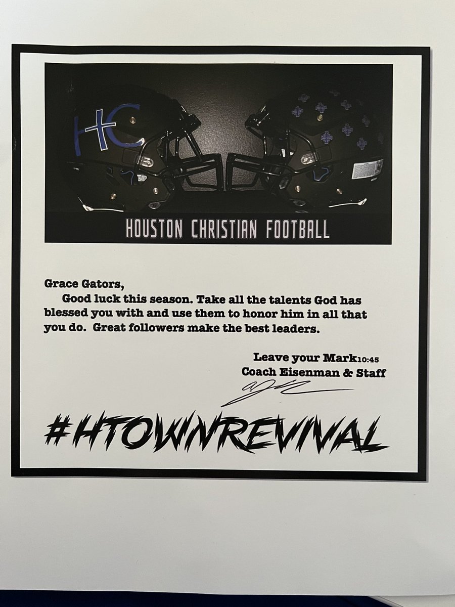 GraceAthletics's tweet photo. Loved receiving this message from Coach Eisenman and the staff of @hcstangs_FB! @HCHSAthletics is building something special and we’re thankful for our relationship with them! #HTownRevival https://t.co/LCxxBxaeTg
