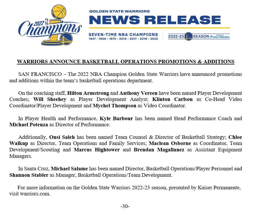 Warriors Announce Basketball Operations Promotions &amp; Additions