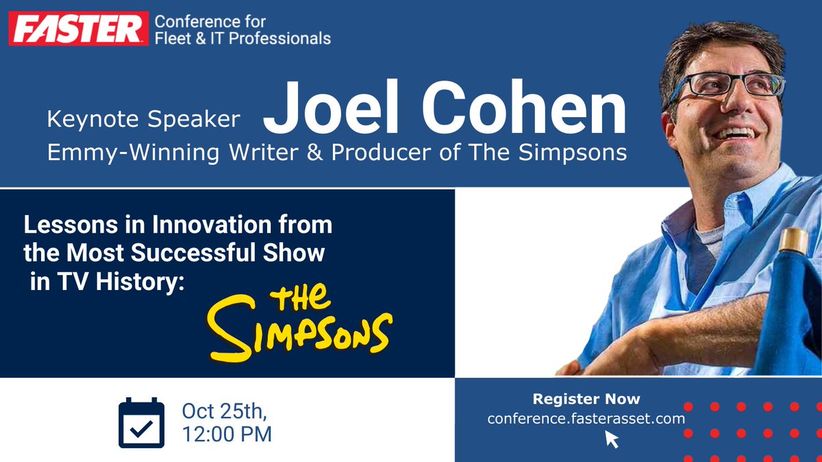 FASTER_Asset's tweet image. FASTER clients attending this year’s User Conference will draw lessons in innovation from one of the longest-running TV shows: The Simpsons! Emmy-Winning Writer &amp;amp; Producer Joel Cohen takes us inside.

Register Today at conference.fasterasset.com

#fasterasset #SuperiorSupport