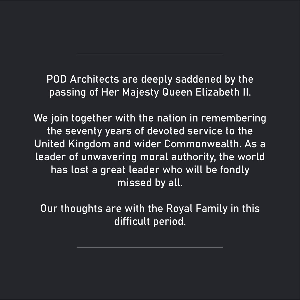 POD_Architects_'s tweet photo. POD Architects are deeply saddened at the passing of Her Majesty Queen Elizabeth II.
 
All of us at POD have today been reflecting upon her reign and sharing fond memories.
 
The Union Jack at POD offices in Devonshire Square has been flown at half-mast. https://t.co/tqyogRI662