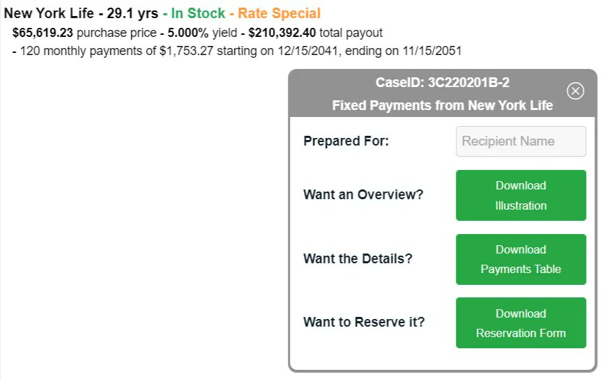dcfannuities's tweet image. Featured #DCFIncomePayments
New York Life - 29.1 yrs - In Stock - Rate Special
$65,619.23 purchase price - 5.000% yield - $210,392.40 total payout

CaseID: 3C220201B-2
Get details and reserve here: buff.ly/3QncbnF 

#DeferredIncome #RetirementIncome #InheritancePlanning